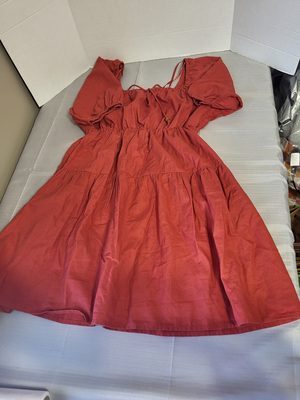 Joe Fresh Rust Red Puff-Sleeve Tiered Midi Dress, Size Large - Picture 5 of 6